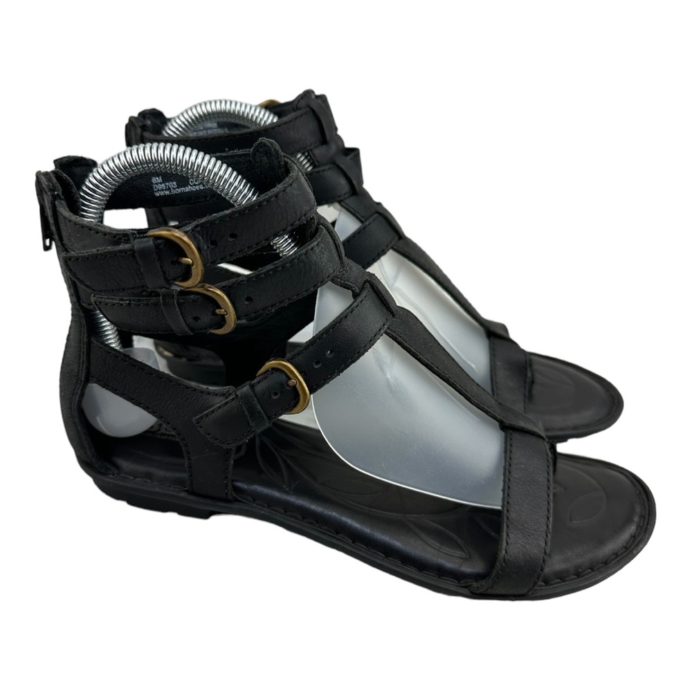 Born Black Leather Strappy Gladiator Sandals Bohemian Flats zipper Back sz 6
